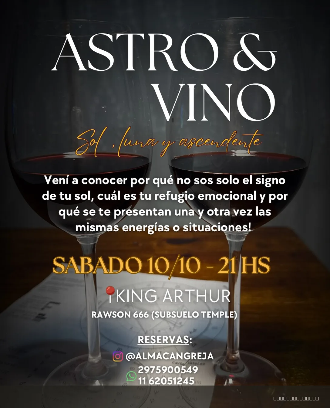 Flyer de Astro & Vino — sábado 10 de octubre en King Arthur, Comodoro Rivadavia