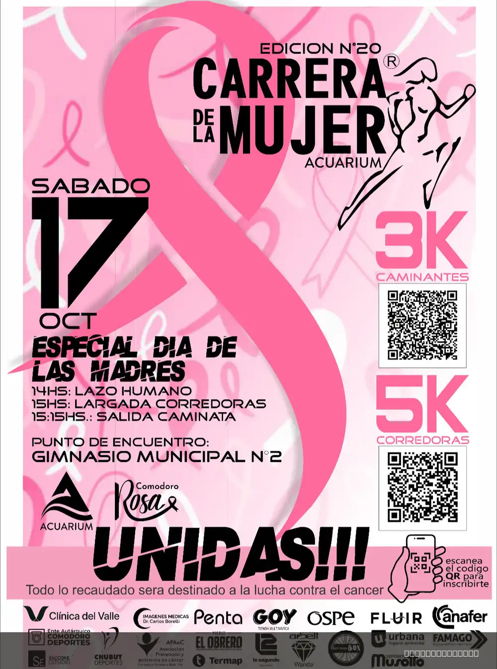 Flyer de Carrera de la Mujer - Edición N°20 — sábado 17 de octubre en Gimnasio Municipal N° 2 Valentín Gonzalo, Comodoro Rivadavia