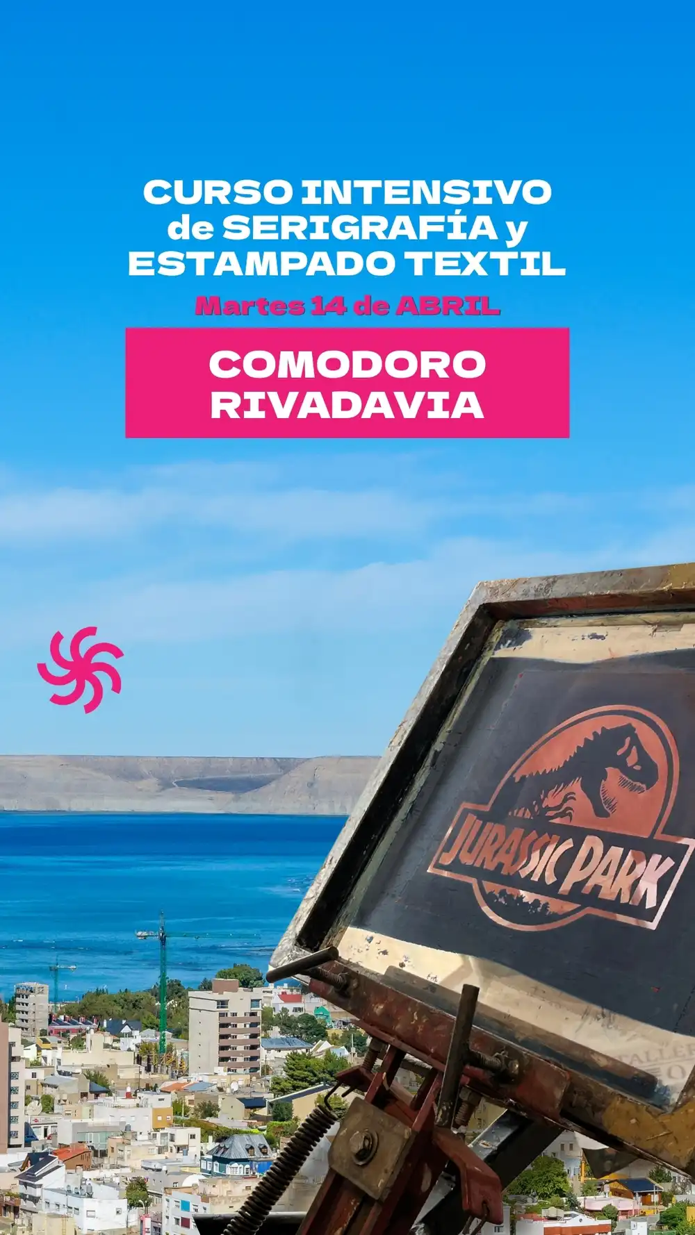Flyer de Curso intensivo de serigrafía y estampado textil — sábado 19 de septiembre en Instituto Superior San Martín N° 1821, Comodoro Rivadavia