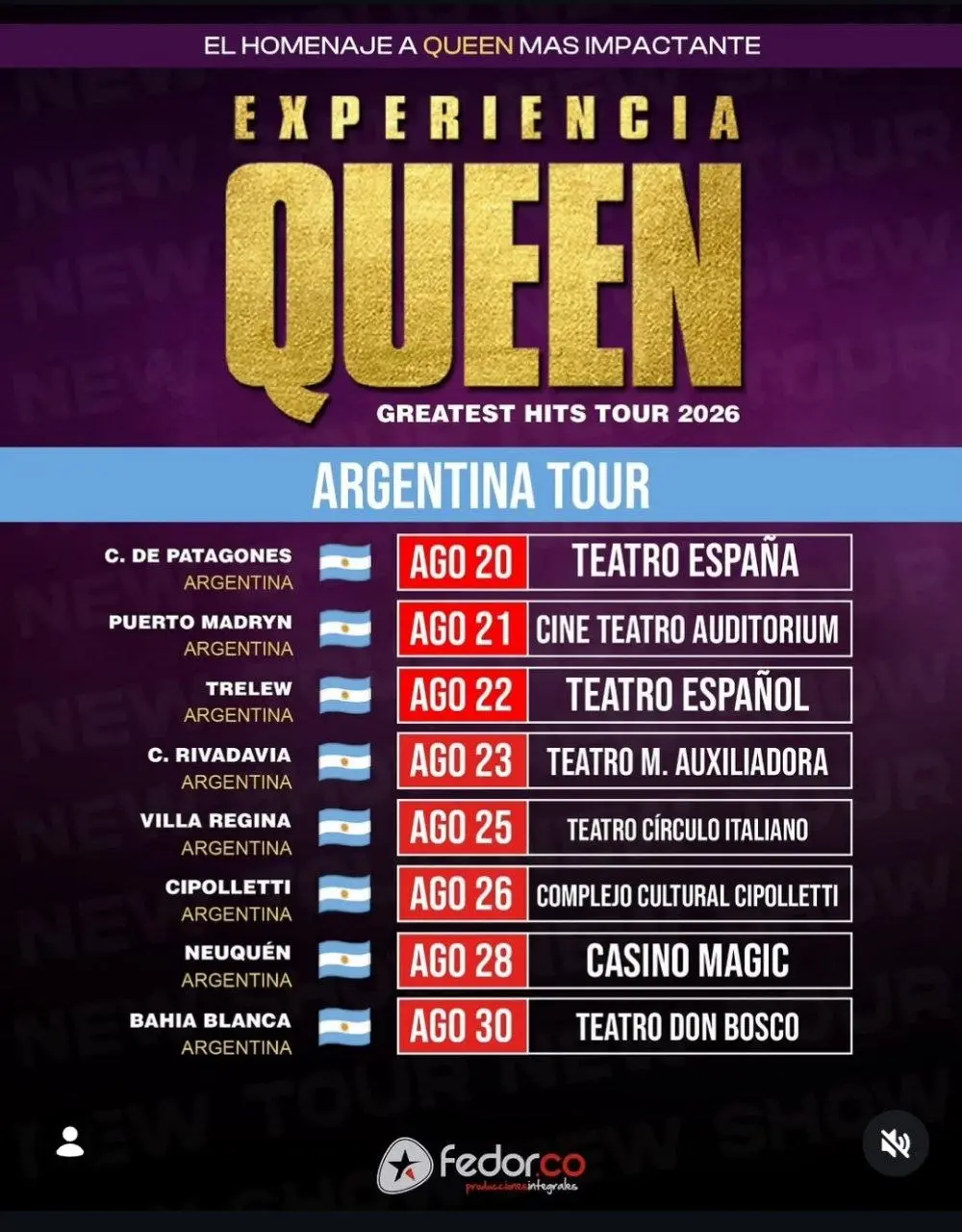 Flyer de Experiencia Queen - Greatest Hits Tour 2026 — domingo 23 de agosto, Comodoro Rivadavia