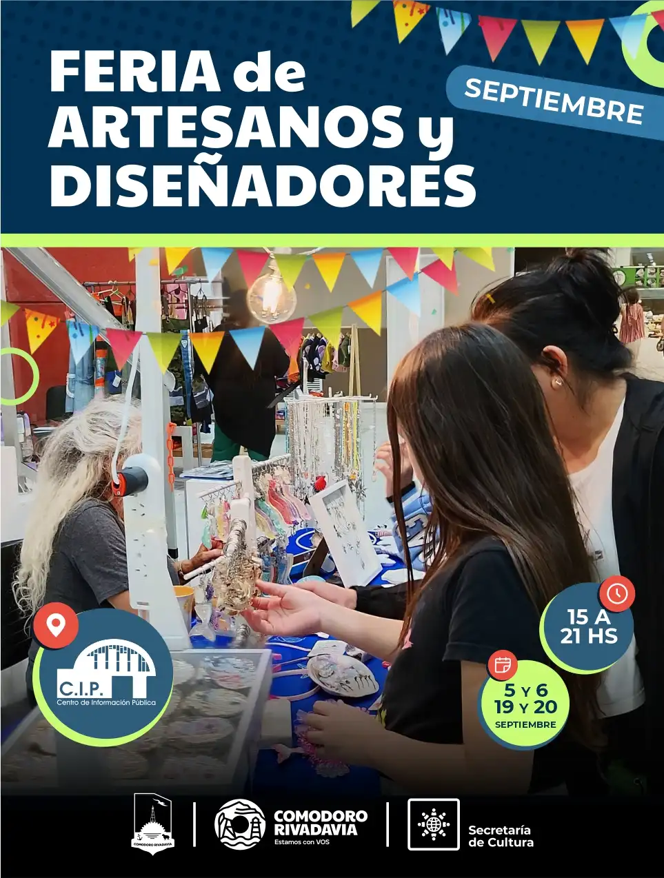 Flyer de Feria de Artesanos y Diseñadores — domingo 20 de septiembre en Centro de Información Pública (CIP), Comodoro Rivadavia