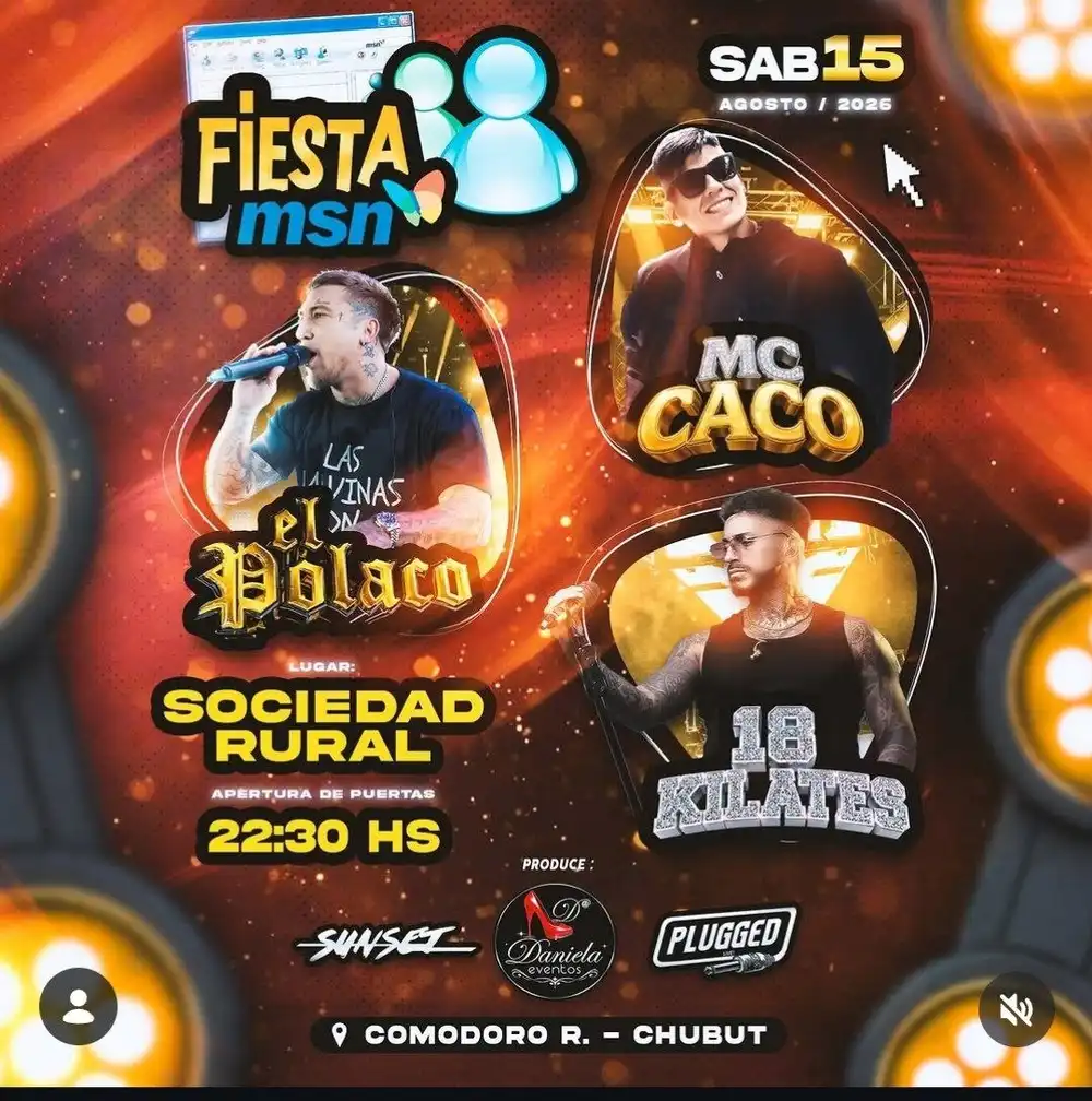 Flyer de Fiesta MSN — sábado 15 de agosto en Sociedad Rural de Comodoro, Comodoro Rivadavia