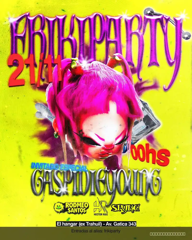Flyer de FrikyParty — sábado 21 de noviembre en El Hangar, Comodoro Rivadavia