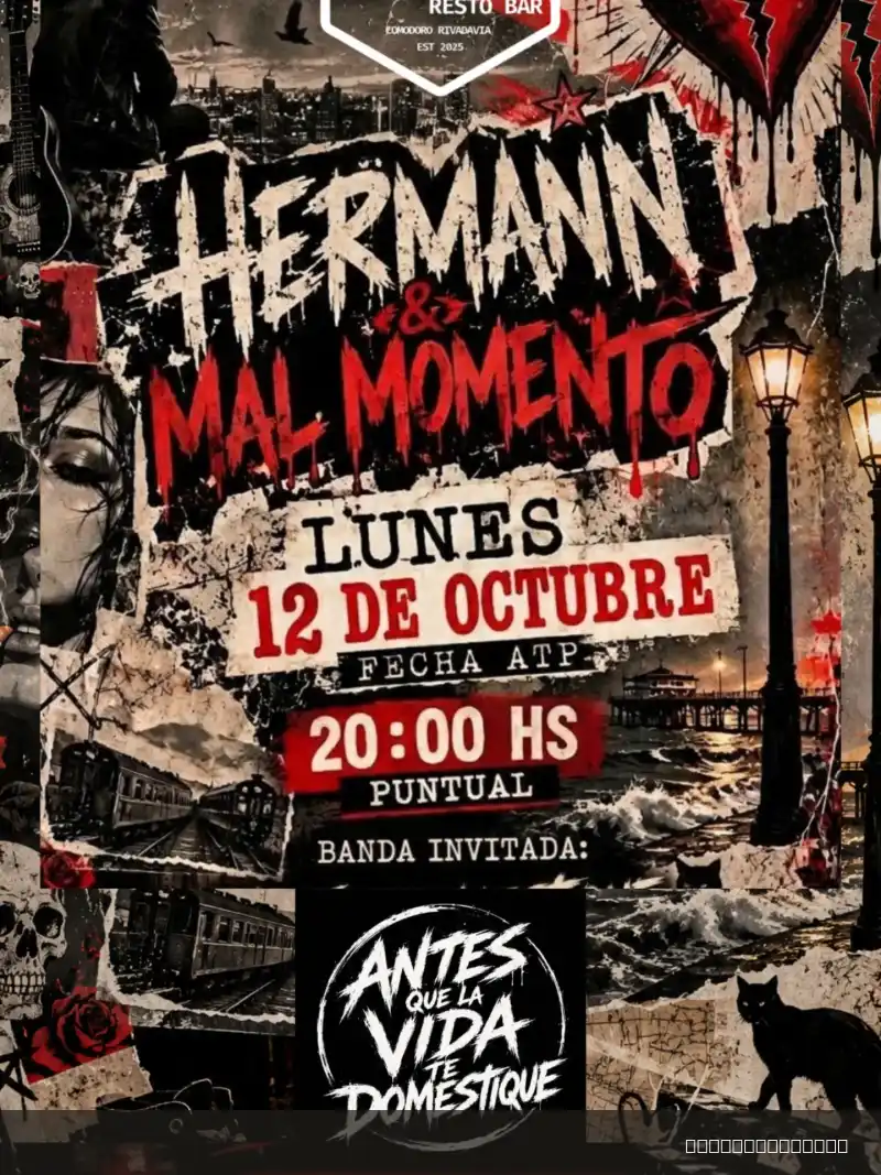 Flyer de Hermann & Mal Momento — lunes 12 de octubre en La Caverna Resto Bar, Comodoro Rivadavia
