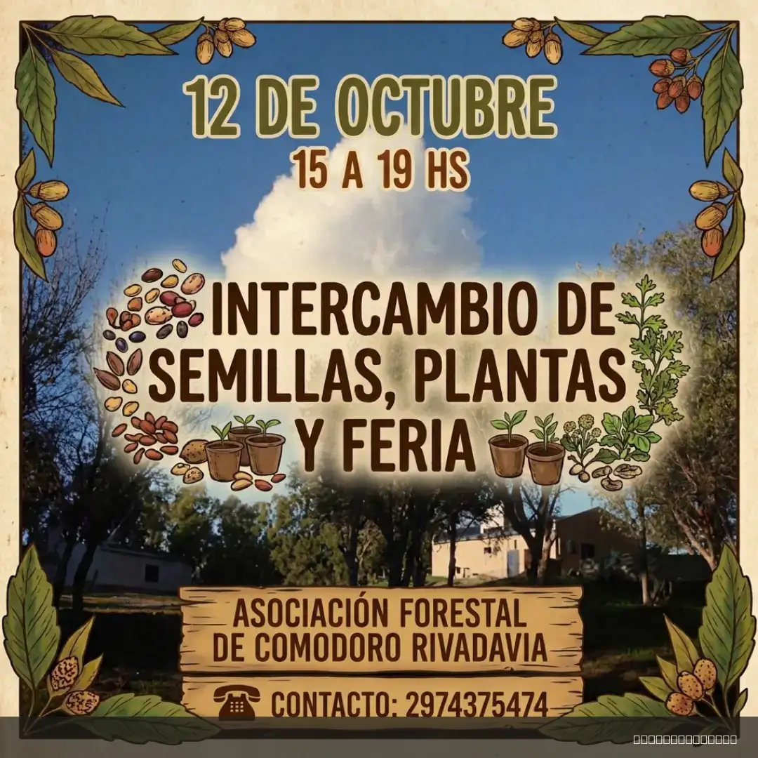 Flyer de Intercambio de semillas, plantas y feria — lunes 12 de octubre, Comodoro Rivadavia