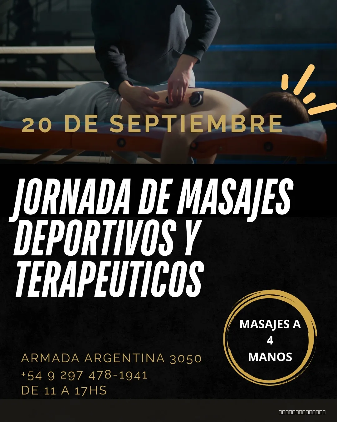 Flyer de Jornada de masajes deportivos y terapeuticos — domingo 20 de septiembre en Club Neptuno, Rada Tilly