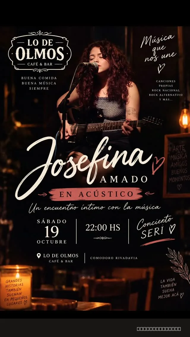 Flyer de Josefina Amado en acústico — lunes 19 de octubre en Lo de Olmos, Comodoro Rivadavia