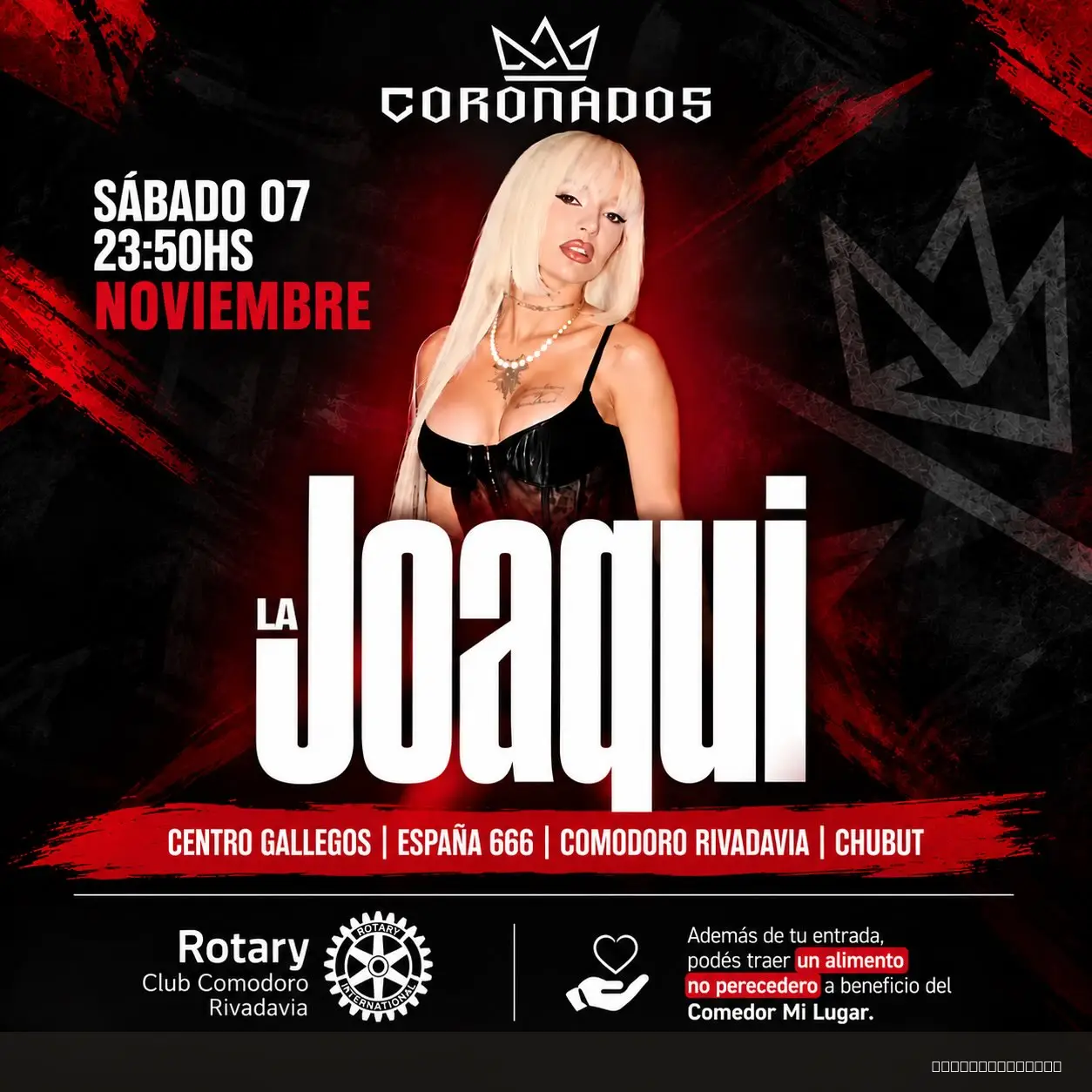 Flyer de La Joaqui — sábado 7 de noviembre en Centro Gallego, Comodoro Rivadavia