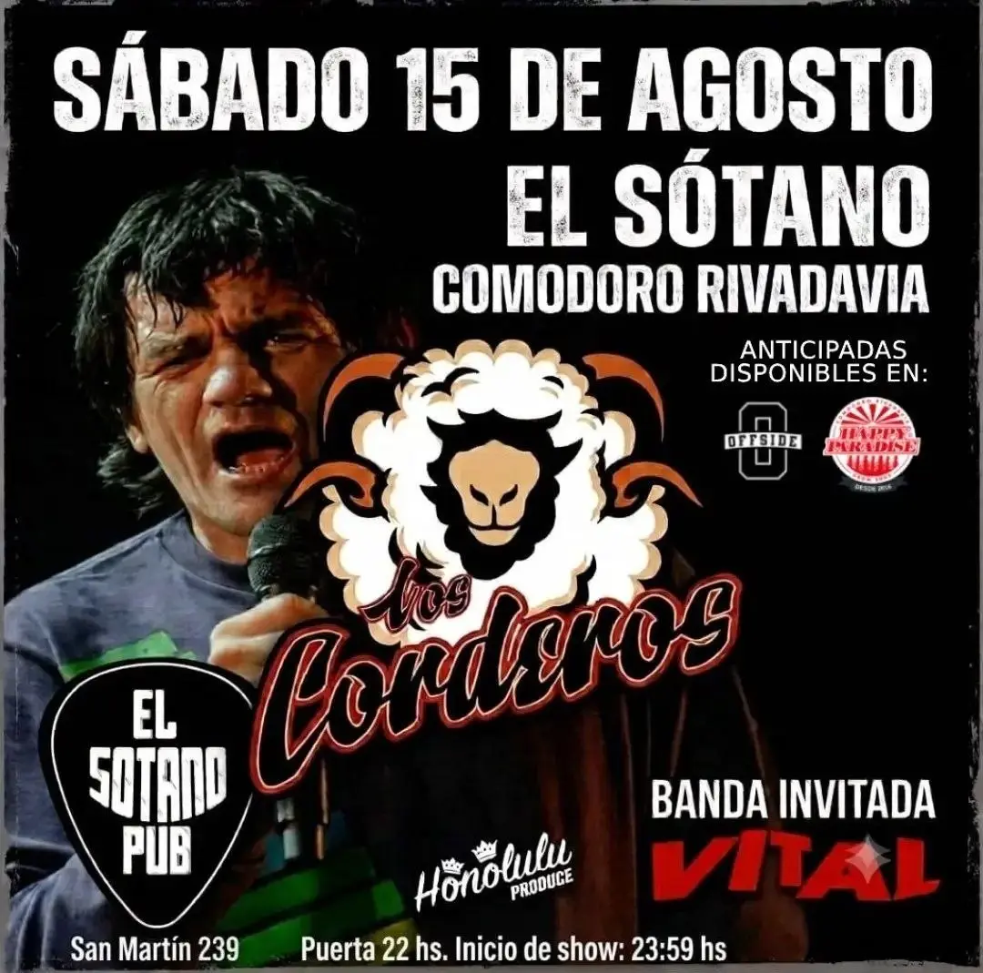 Flyer de Los Corderos — sábado 15 de agosto en Sótano Pub, Comodoro Rivadavia