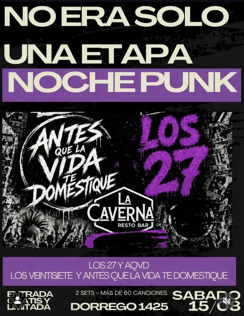 Flyer de Noche Punk — sábado 15 de agosto en La Caverna Resto Bar, Comodoro Rivadavia