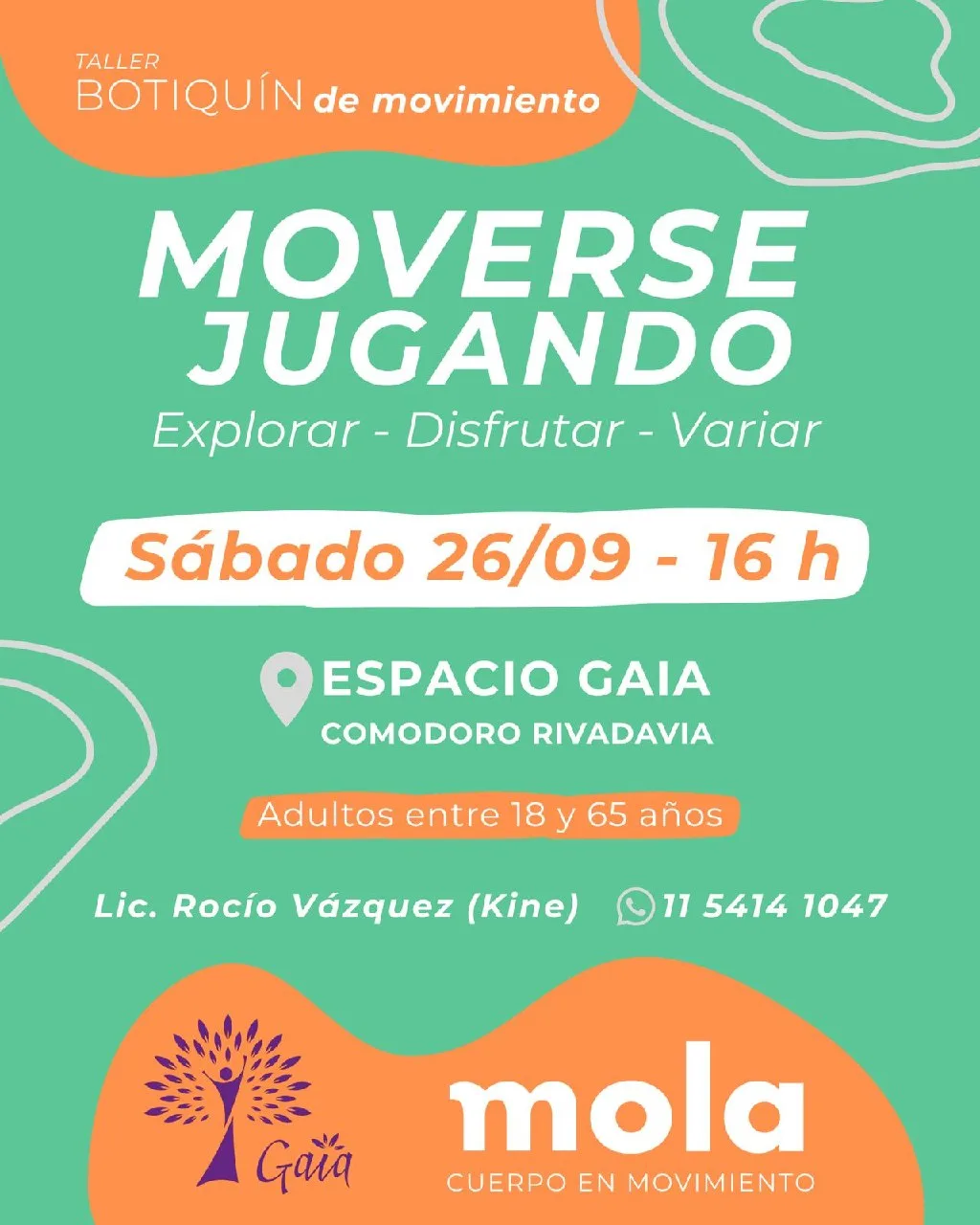 Flyer de Taller Botiquín de movimiento - Moverse jugando — sábado 26 de septiembre, Comodoro Rivadavia