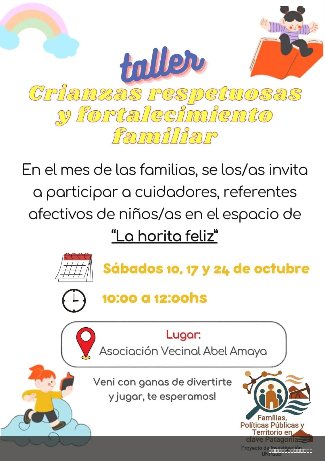 Flyer de Taller Crianzas respetuosas y fortalecimiento familiar — sábado 10 de octubre, Comodoro Rivadavia