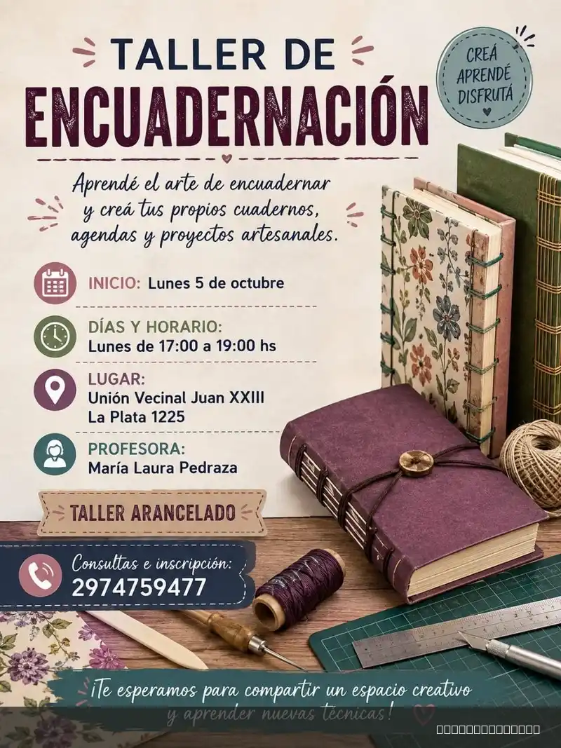 Flyer de Taller de Encuadernación — lunes 5 de octubre en Asociación Vecinal Barrio Juan XXIII, Comodoro Rivadavia