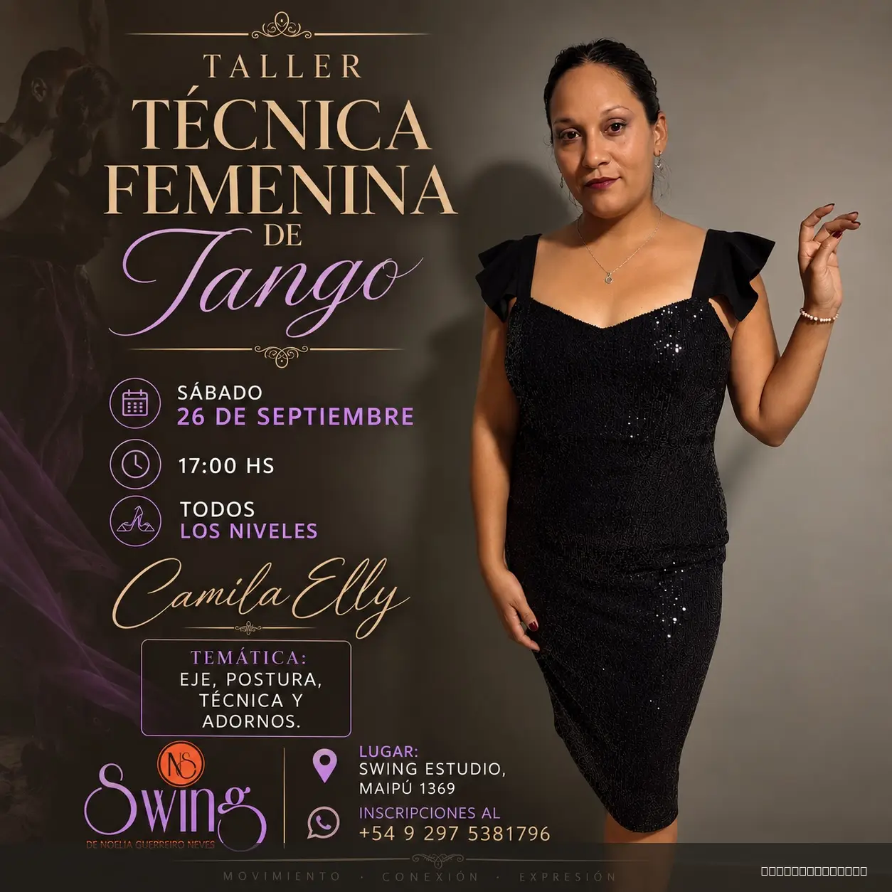 Flyer de Taller Técnica Femenina de Tango — sábado 26 de septiembre, Comodoro Rivadavia