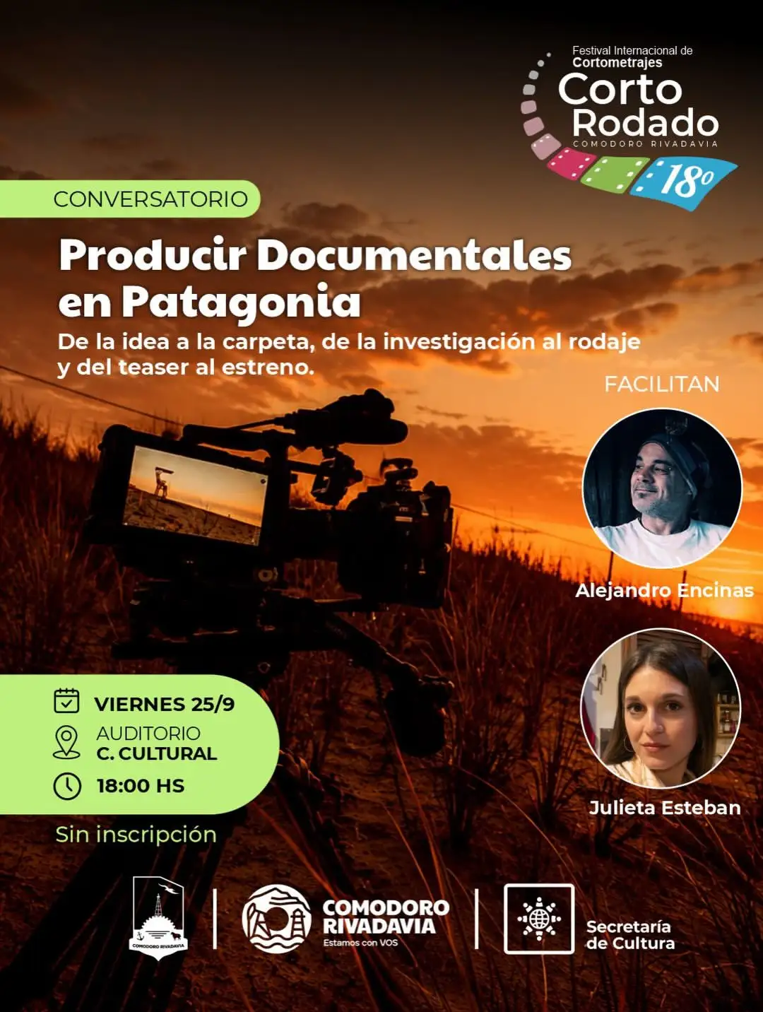 Flyer de Conversatorio: Producir Documentales en la Patagonia — viernes 25 de septiembre en Centro Cultural "Alfredo Sahdi", Comodoro Rivadavia