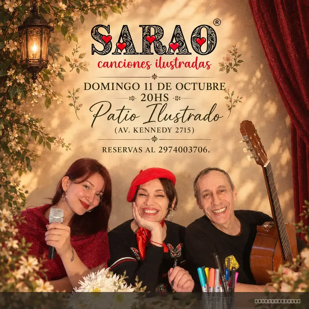 Flyer de Sarao - Canciones Ilustradas — domingo 11 de octubre en Patio Ilustrado | Espacio Creativo, Comodoro Rivadavia