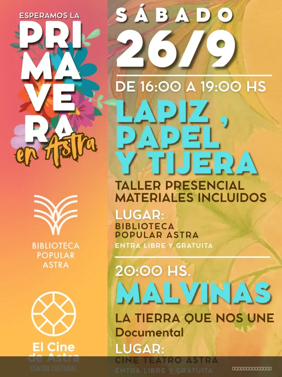 Flyer de Taller de collage y escritura "Lápiz, papel y tijera" — sábado 26 de septiembre en Biblioteca Popular Astra, Comodoro Rivadavia