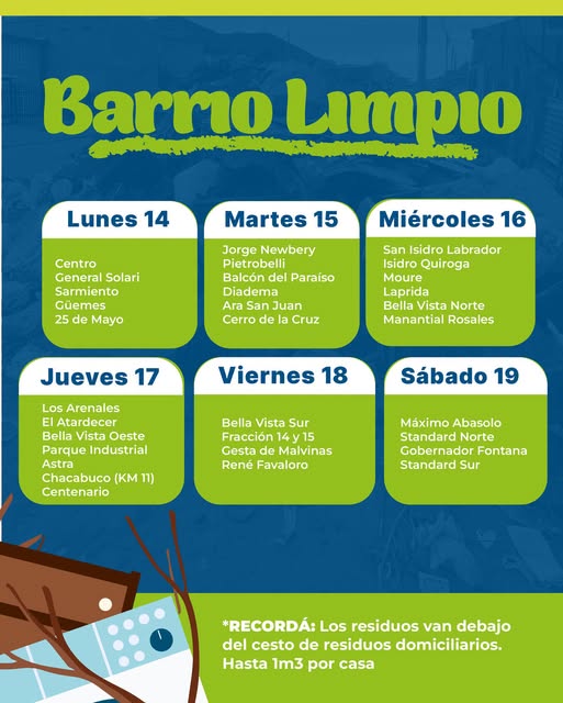 Cronograma semanal de Barrio Limpio publicado por Urbana: cada día de la semana con la lista de barrios por los que pasa el camión