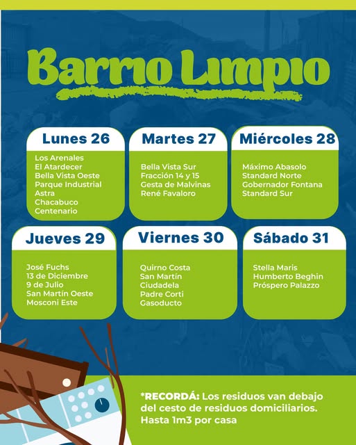 Cronograma semanal de Barrio Limpio publicado por Urbana: cada día de la semana con la lista de barrios por los que pasa el camión
