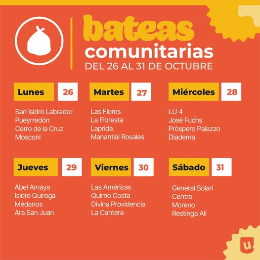 Cronograma semanal de bateas comunitarias publicado por Urbana: cada día de la semana con los barrios donde se instalan los contenedores